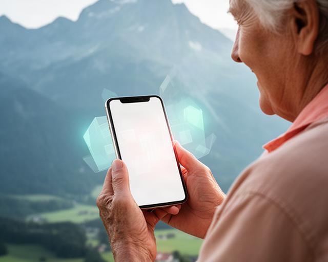 Ältere Person mit Smartphone vor einer österreichischen Bergkulisse und digitalem Pensionskonto