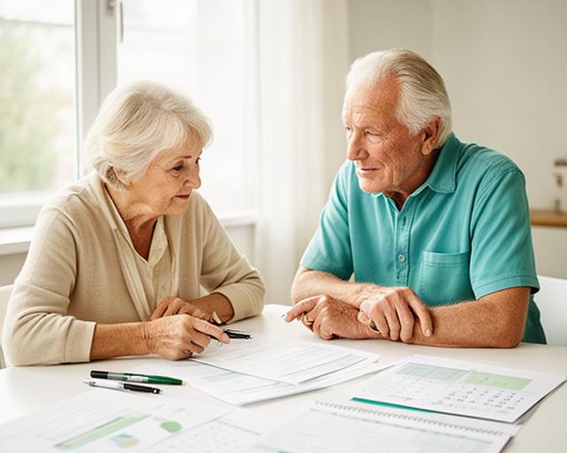 Älteres Paar bespricht seine Pensionsplanung an einem hellen Tisch mit Unterlagen und Kalender