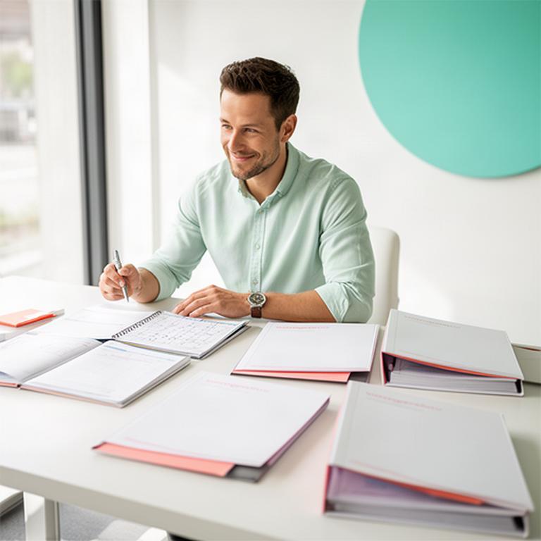 Selbstständiger Unternehmer an einem hellen Schreibtisch mit Kalender, Geschäftsunterlagen und mehreren Vorsorgeordnern